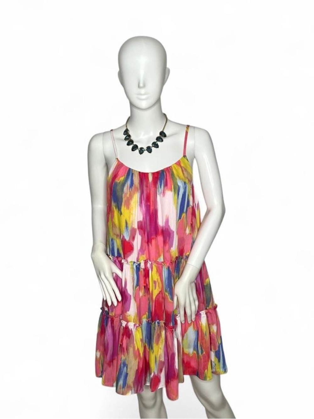 Trina Turk Multicolor Brushstroke Tiered Spaghetti Strap Mini Dress